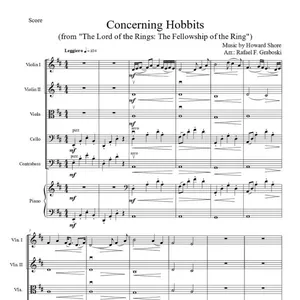 Imagem de capa para o Ebook Arranjo da música "Concerning Hobbits" de Howard Shore para o filme "O Senhor dos Anéis - A Sociedade do Anel", para Cordas e Piano