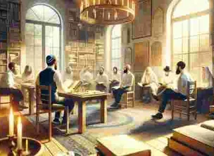 Aqui está a imagem que representa um caloroso convite à Comunidade Judaica Yeshiva Ger, ilustrando um ambiente acolhedor e propício para estudo e discussão. 