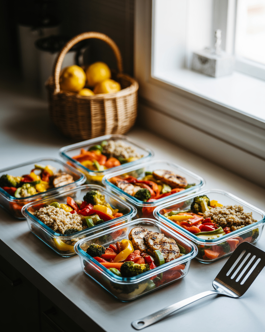 Refeições caseiras organizadas em potes para congelamento, alimentação prática para a semana inteira.