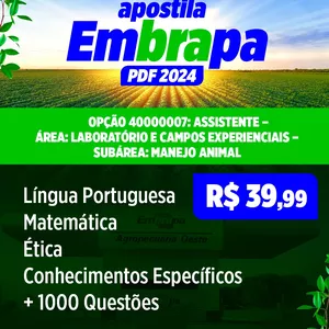 Imagem de capa para o Ebook Apostila EMBRAPA 2024 - ASSISTENTE – ÁREA: LABORATÓRIO E CAMPOS EXPERIENCIAIS – SUBÁREA: MANEJO ANIMAL