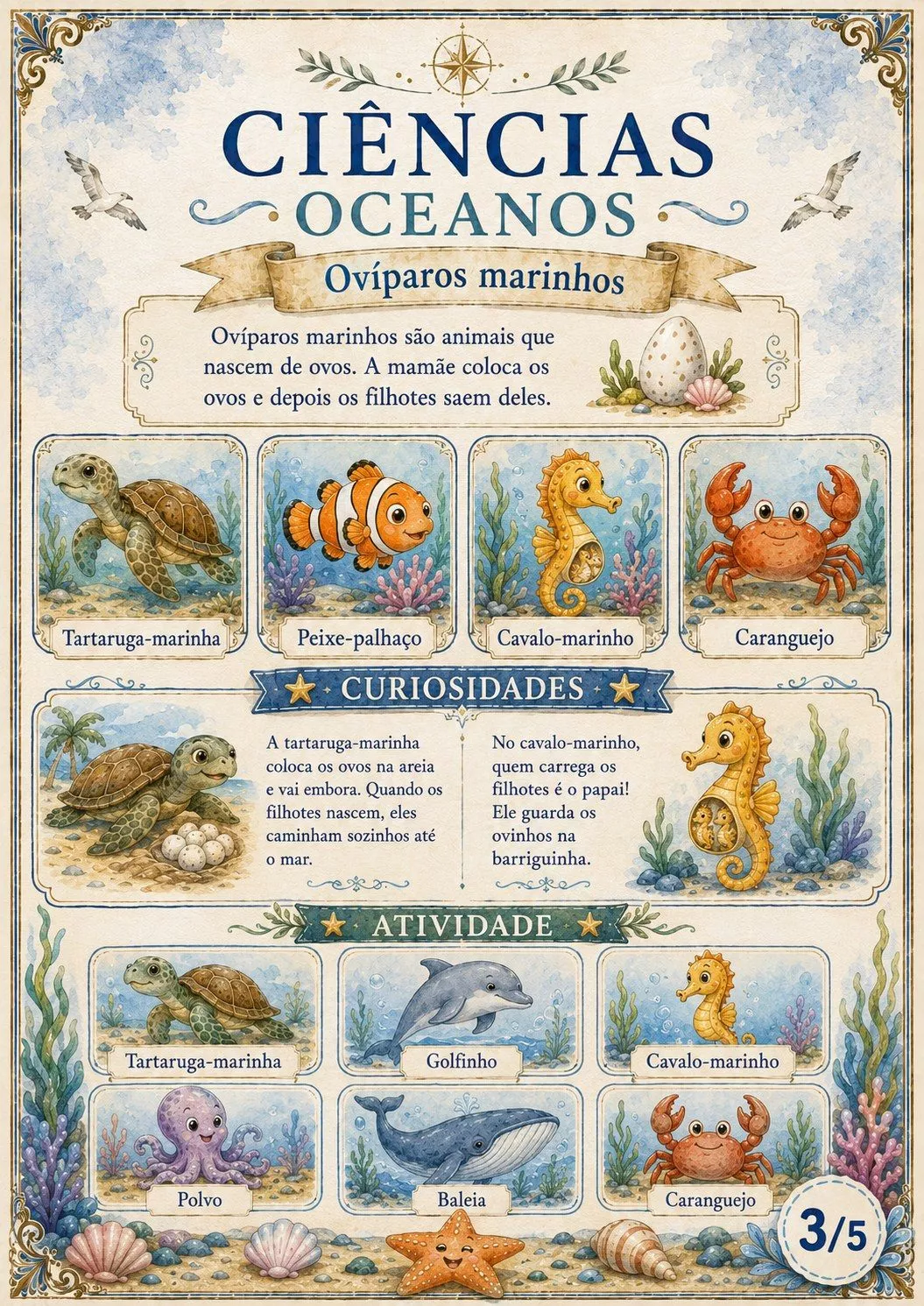 Página interna da Apostila de Ciências do Projeto Oceanos sobre animais ovíparos marinhos, com ilustrações, curiosidades e atividade educativa