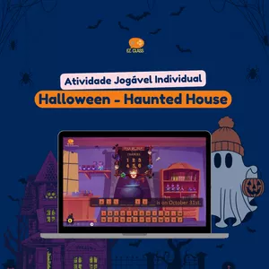 Imagem de capa para o Curso online Halloween Haunted House - Atividade Jogável no PPT para aula de inglês.