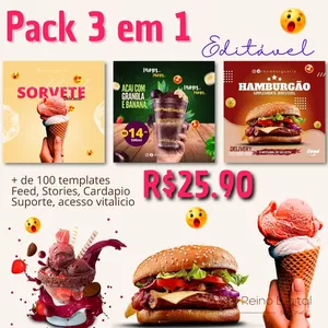 Imagem de capa para o Ebook Pack Canva 3 em 1 Hamburgueria e Açaiteria