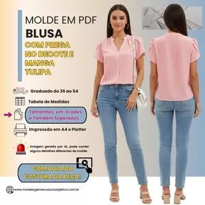 Imagem de capa para o Curso online BL294 -MOLDE EM PDF - BLUSA COM PREGA NO DECOTE E MANGA TULIPA(com vídeo da montagem da peça)