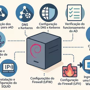 Imagem de capa para o Ebook Guia Prático configuração de Debian 12 com DHCP, AD com SAMBA, Compartilhamento de Arquivos, SQUID e Firewall com UFW
