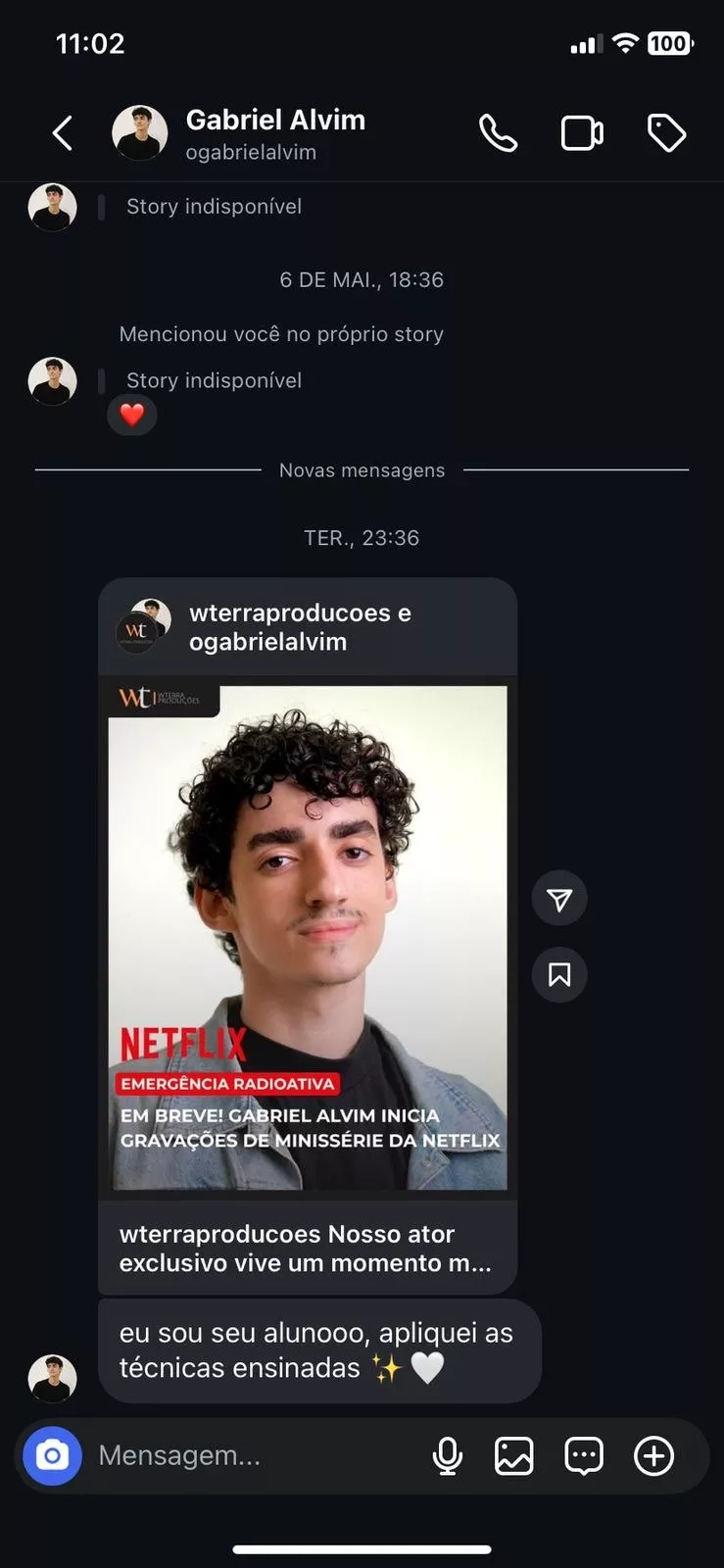 Mensagem do ator Gabriel Alvim contando para Thaís Mansano que passou em um teste para uma série na Netflix aplicando as técnicas que aprendeu no curso