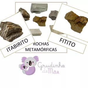 Imagem de capa para o Curso online Cartões Montessori - Rochas metamórficas - Letra imprensa, caixa alta, em preto