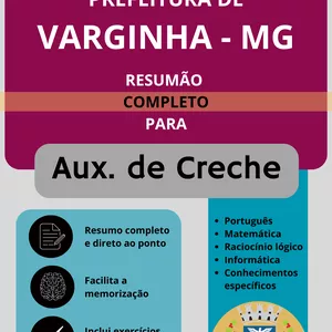Imagem de capa para o Ebook Apostila COMPLETA para Auxiliar de creche + BÔNUS – Concurso Prefeitura de Varginha 