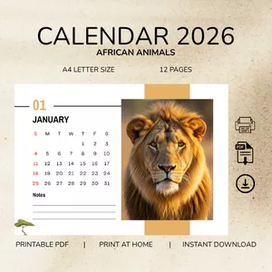 Cover image for Ebook  Calendar 2026 - AFRICAN ANIMALS - A4 Size - Landscape format