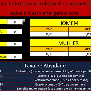 Imagem de capa para o Ebook Planilha do Excel para cálculo da Taxa metabólica basal e Gasto energético total pelo método das Equações de Harris Benedict (HBE).