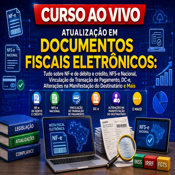 Imagem do curso Ao Vivo - 27/05/2026 - ATUALIZAÇÃO EM DOCUMENTOS FISCAIS ELETRÔNICOS: Tudo Sobre NF-e de Débito e Crédito, NFS-e Nacional, Vinculação de Transação de Pagamento, DC-e, Alterações na Manifestação do Destinatário e Mais