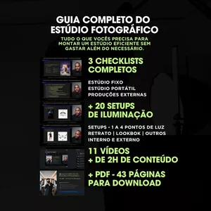 Imagem do curso GUIA COMPLETO DO ESTÚDIO FOTOGRÁFICO | Checklists  + 20 Setups de Iluminação
