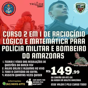 Imagem principal do produto CURSO 2 EM 1 DE RACIOCÍNIO LÓGICO E MATEMATICA PARA PM/AM E BOMBEIRO/AM