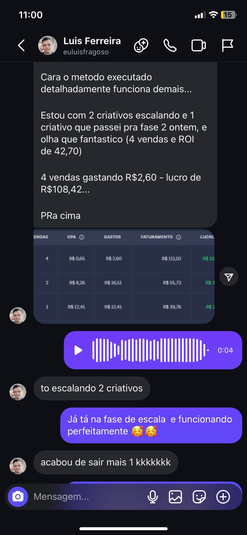 Conversa de aluno comemorando as vendas