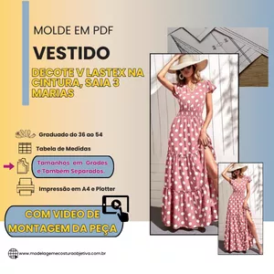 Imagem de capa para o Curso online MOLDE EM PDF-Vestido decote V lastex na cintura, Saia 3 marias (COM VÍDEO DE MONTAGEM DA PEÇA)) 