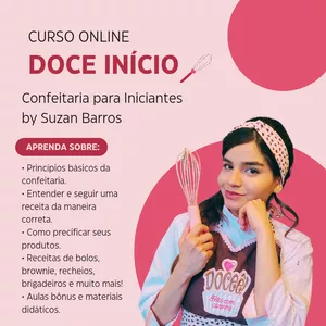 Imagem de capa para o Curso online Doce Início: Confeitaria para Iniciantes by Suzan Barros