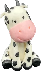 Vaquinha Malhada, boca rosa, chifres, pintada e patas pretas, com um ratinho no Curso Meu Primeiro Zoológico - Modele 25 Animais em Pasta Americana