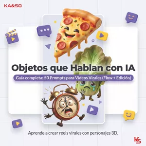 Imagen de portada para Ebook Objetos que Hablan con IA: 50 Prompts para Videos Virales (Flow + Edición)