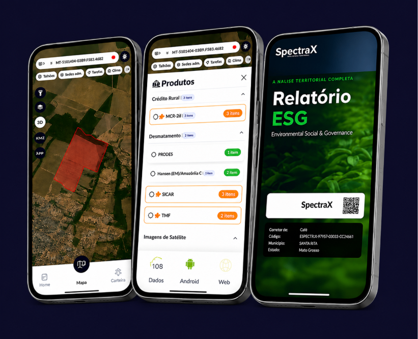 Plataforma de consultas ambientais, agronômicas e climáticas via satélite da SpectraX. Sinop-MT, Brasil. São 3 passos simples de uso: escolha do CAR ou SIGEF ou desenhe a área no mapa ou suba um kml, depois selecione