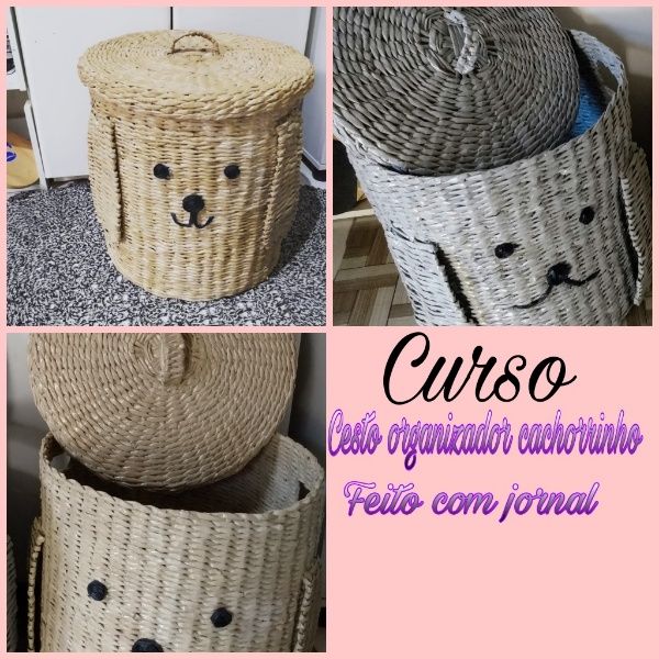  Curso cesto organizador cachorrinho - Feito com jornal