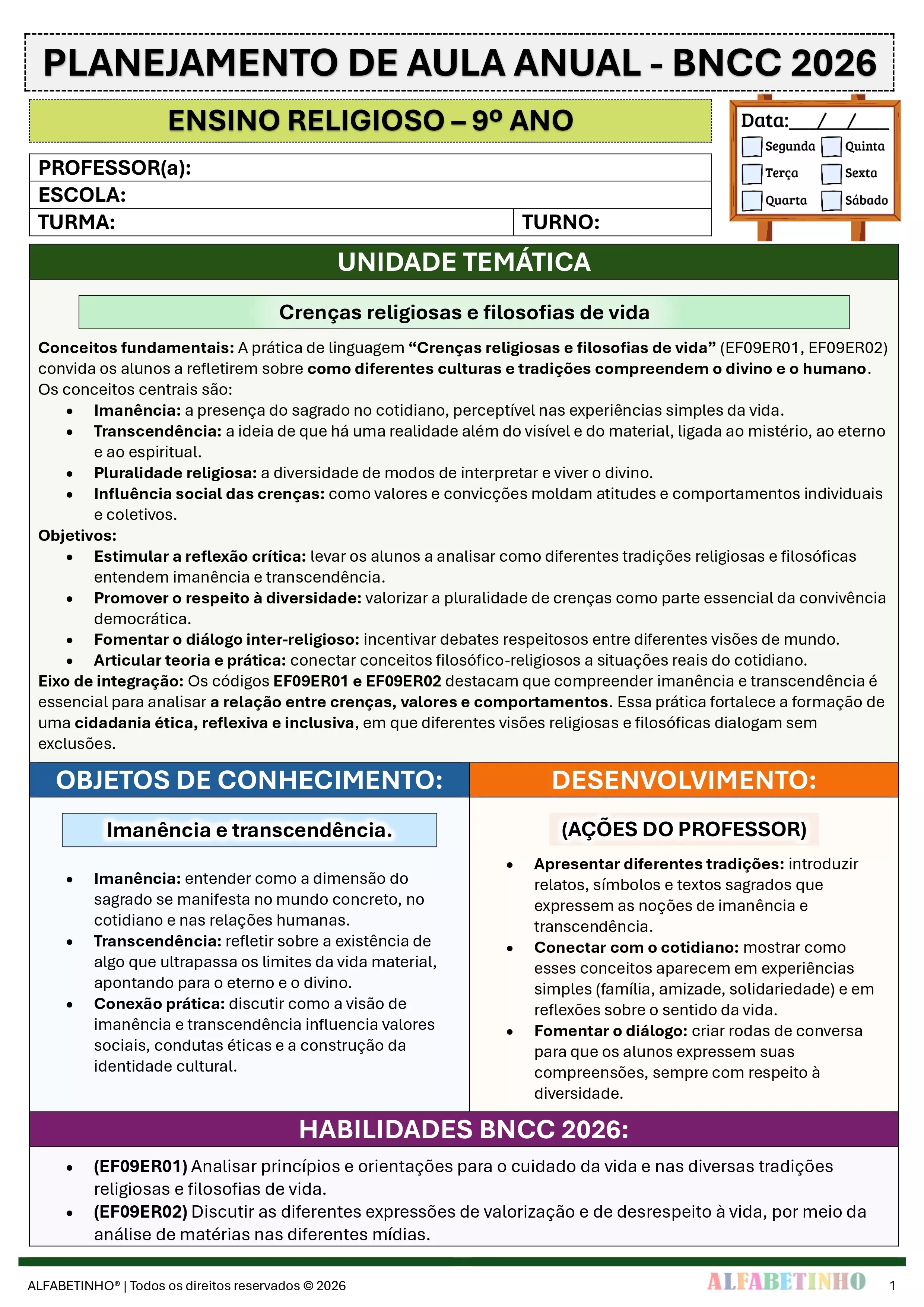 ENSINO RELIGIOSO - Planejamentos e Atividades - 6º ao 9º ano - BNCC 2026