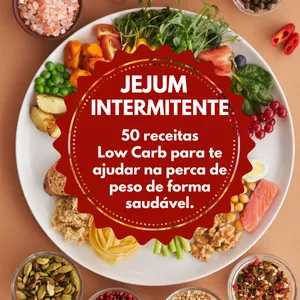 Imagem de capa para o Ebook Jejum Intermitente-50 Receitas Low Carb