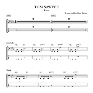 Cover image for Ebook TOM SAWYER (Rush) Bass Transcription, Score &amp; Tab Lesson