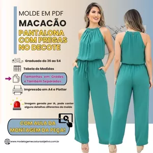 Imagem de capa para o Curso online MOLDE EM PDF - MACACÃO PANTALONA COM PREGAS NO DECOTE (com vídeo da montagem da peça)