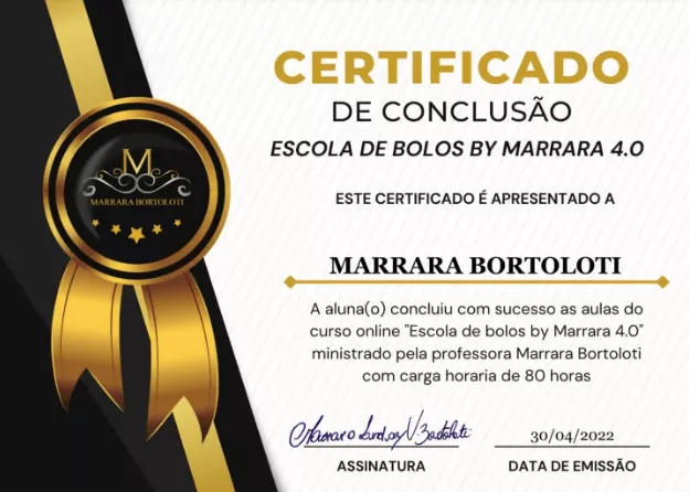 Certificado curso de confeitaria escola de bolo by marrara bortoloti