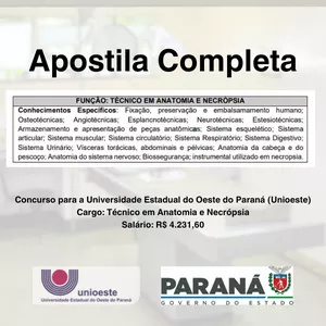 Imagem de capa para o Ebook Apostila completa para o concurso da UNIOESTE (Técnico em Anatomia e Necrópsia)