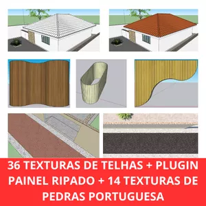 Imagem de capa para o Ebook 36 Texturas de Telhas para fazer Telhado + Plugin Instant Roof Pro no Sketchup para fazer o Telhado+ Bônus: Plugin para Fazer RIPADO NO PAINEL E OUTROS + 14 Textura pedra portuguesa sem emenda.