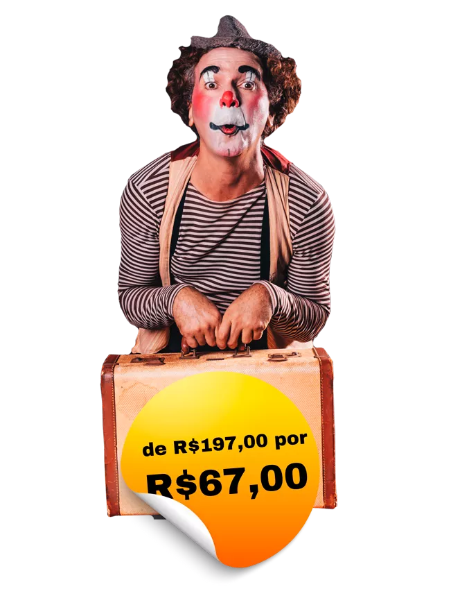 um palhaço com cara de curioso segurando uma maleta informando o valor do curso , R$67,00