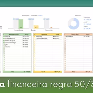 Imagem de capa para o Ebook Planilha financeira Regra 50/30/20 - Excel