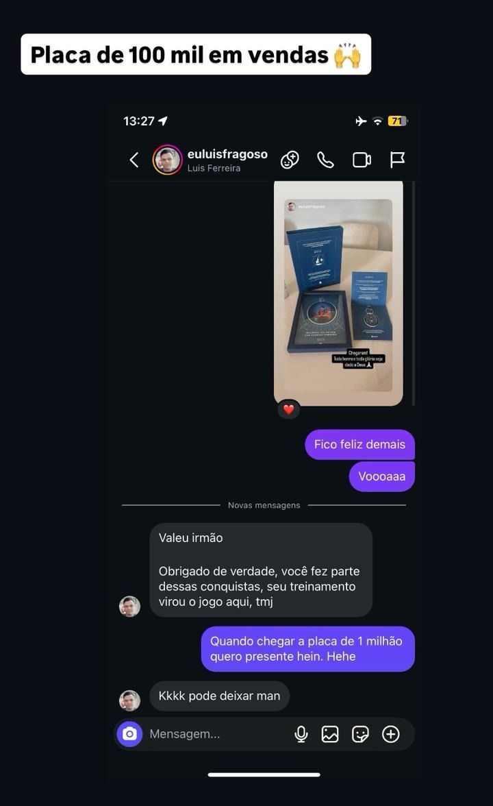 Cliente contando que fez R$ 100 mil em 3 meses