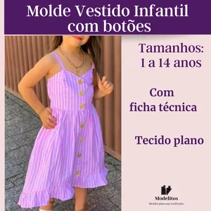 Imagem de capa para o Ebook molde vestido infantil com abotoamento 1 a 14 anos