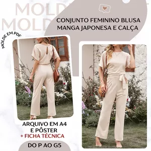 Imagem de capa para o Ebook Conjunto Feminino Blusa Manga Japonesa e Calça - Molde em PDF