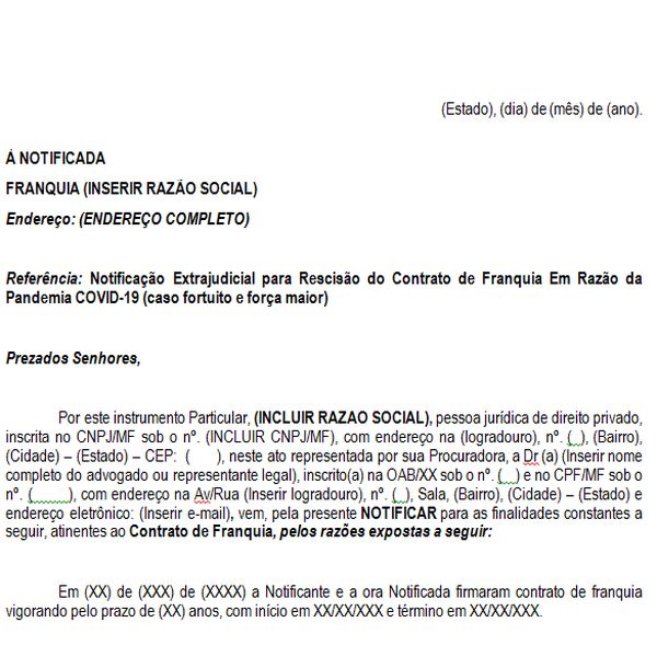 Modelo De Notificacao Extrajudicial Para Rescisao Antecipada De Contrato De Franquia Em Razao Da Pandemia Do Covid 19 Tatiane Moreira De Souza Learn A New Skill Templates Source Codes Hotmart