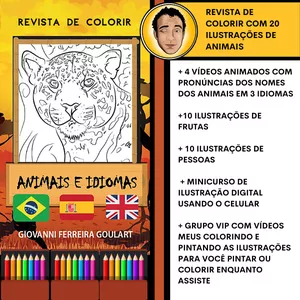Imagem do curso  Revista de Colorir Animais e Idiomas ( REVISTA DIGITAL + 4 VÍDEOS ANIMADOS COM A PRONÚNCIA DOS NOMES DOS ANIMAIS EM 3 IDIOMAS + GRUPO VIP +10 ILUSTRAÇÕES DE FRUTAS + 10 ILUSTRAÇÕES DE PESSOAS + MINICURSO DE ILUSTRAÇÃO DIGITAL USANDO APENAS O CELULAR)