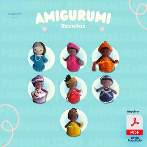 Imagem de capa para o Ebook Amigurumi Coleção 7 Orixás PDF Iemanjá, Oxum, Iansã, Nanã, Obá, Logunan e Oroiná