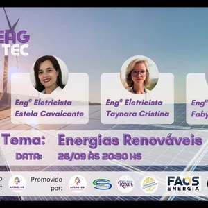 Imagem de capa para o Evento online AFEAG TEC - ENERGIAS RENOVÁVEIS, UMA PERSPECTIVA INTELIGENTE PARA AS CIDADES QUE QUEREMOS