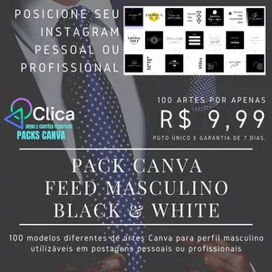 Imagem de capa para o Curso online PACK CANVA FEED MASCULINO BLACK &amp; WHITE - 100 ARTES