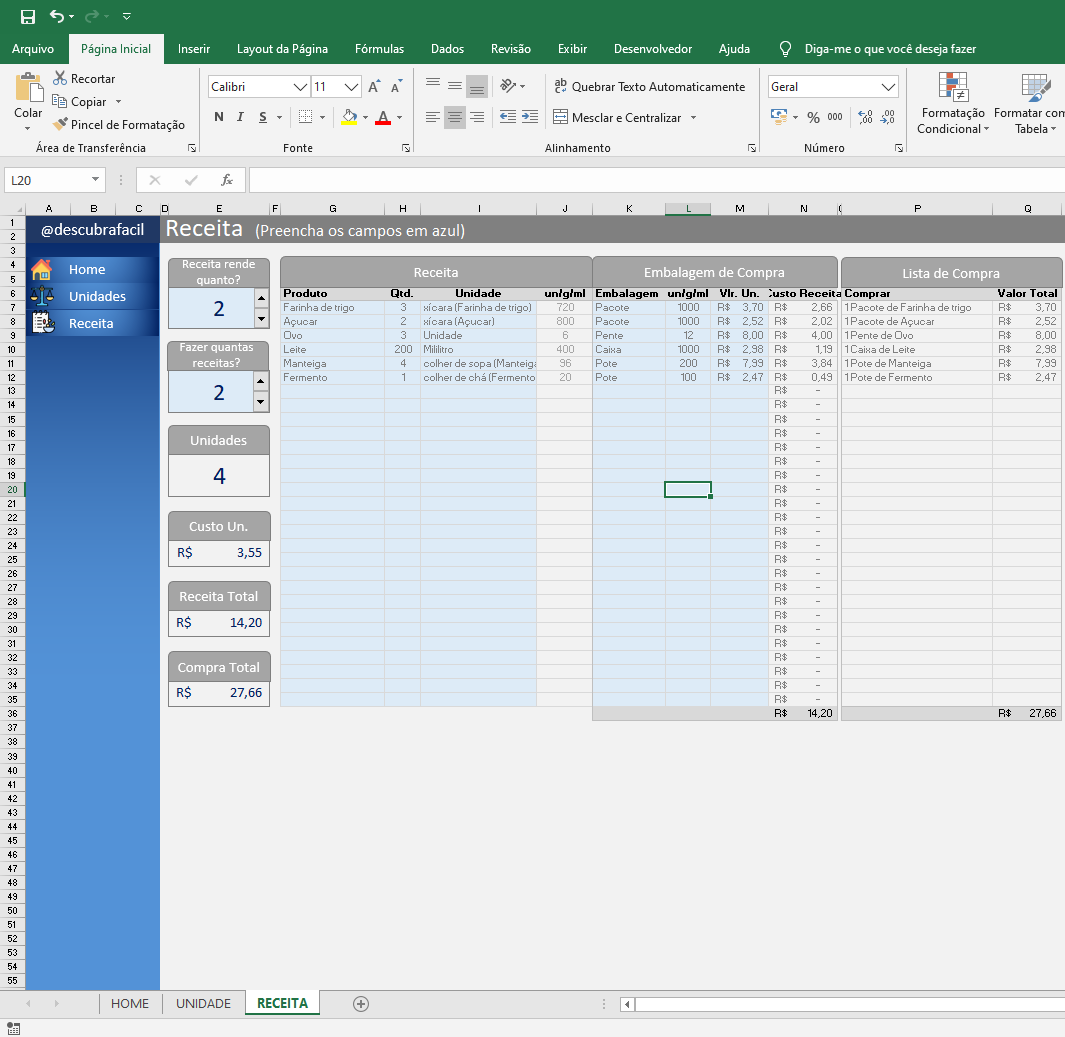 Planilha Planilha para calcular custos de receitas culinárias