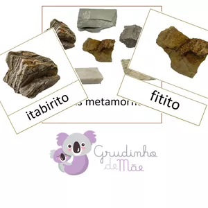 Imagem de capa para o Curso online Cartões Montessori - Rochas metamórficas - Letra imprensa, caixa baixa, em preto