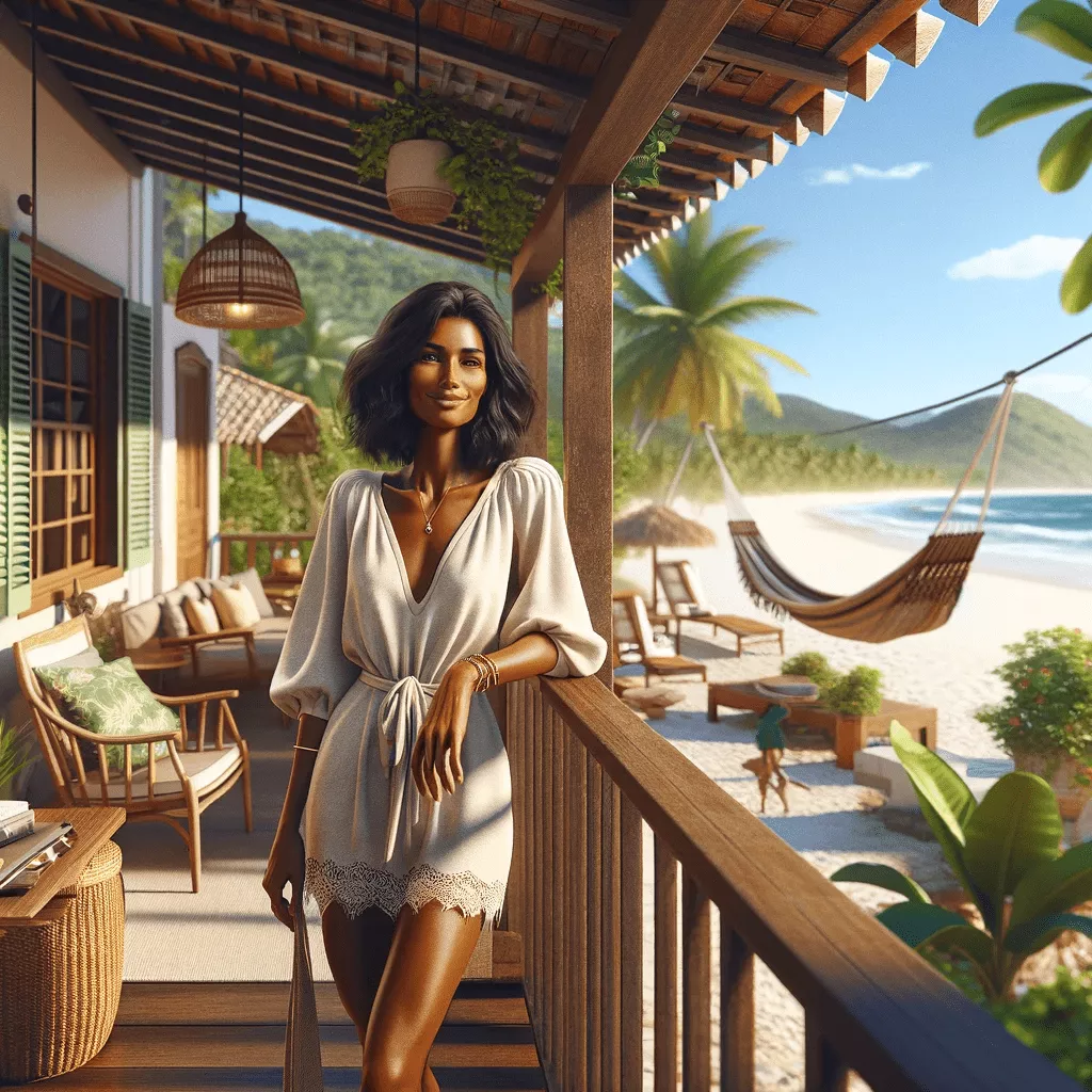 Mulher morena em sua casa de praia, refletindo sucesso e relaxamento em um ambiente de praia brasileiro.