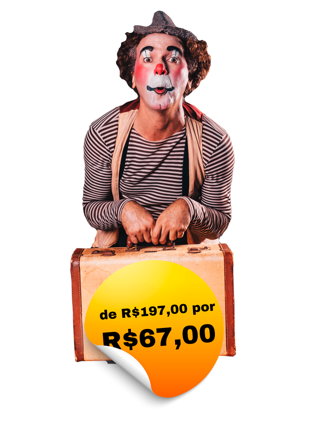 um palhaço com cara de curioso segurando uma maleta informando o valor do curso , R$67,00