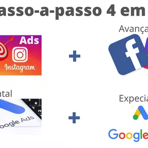 Imagem de capa para o Ebook Passo-a-passo 4 em 1  Facebook e Instagram Ads Básico e Avançado Google Ads Fundamental e Especialista.