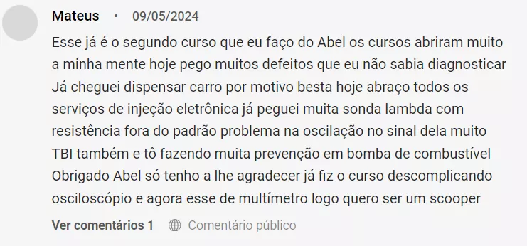 depoimento sobre o curso de multímetro do mecânico e professor Abel Klering