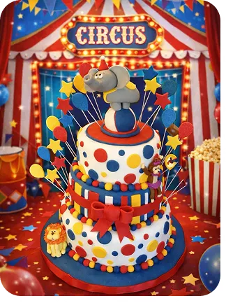 Bolo no tema Circo com o elefante se equilibrando numa bolo no topo do bolo, macaco e leão na base, bolo de 3 andares com laçarote e cores vibrantes do Curso Meu Primeiro Zoológico - Modele 25 Animais em Pasta Americana