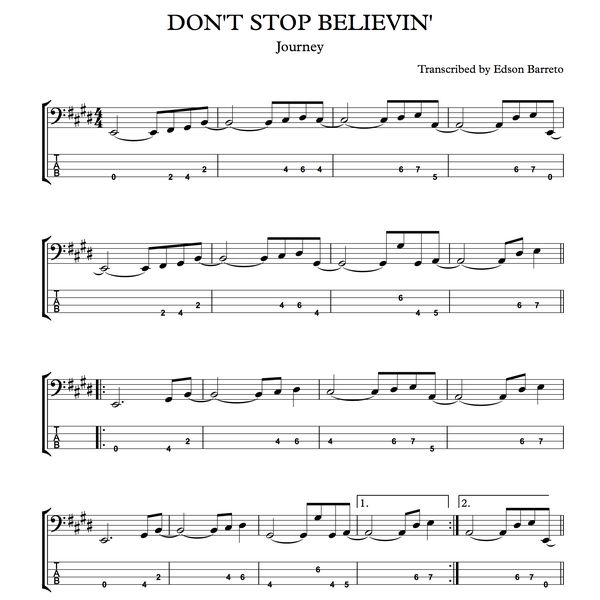 DON'T STOP BELIEVIN' (Journey) Bass Score & Tab Lesson.