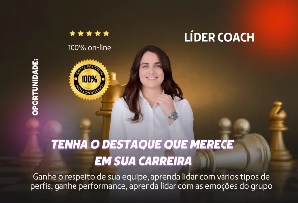 imagem líder coach, com foto de Letícia Aquino com roupa branca, explicando que é 100% on-line. cores vermelho, marrom e com tabuleiro de xadrez de fundo. 
